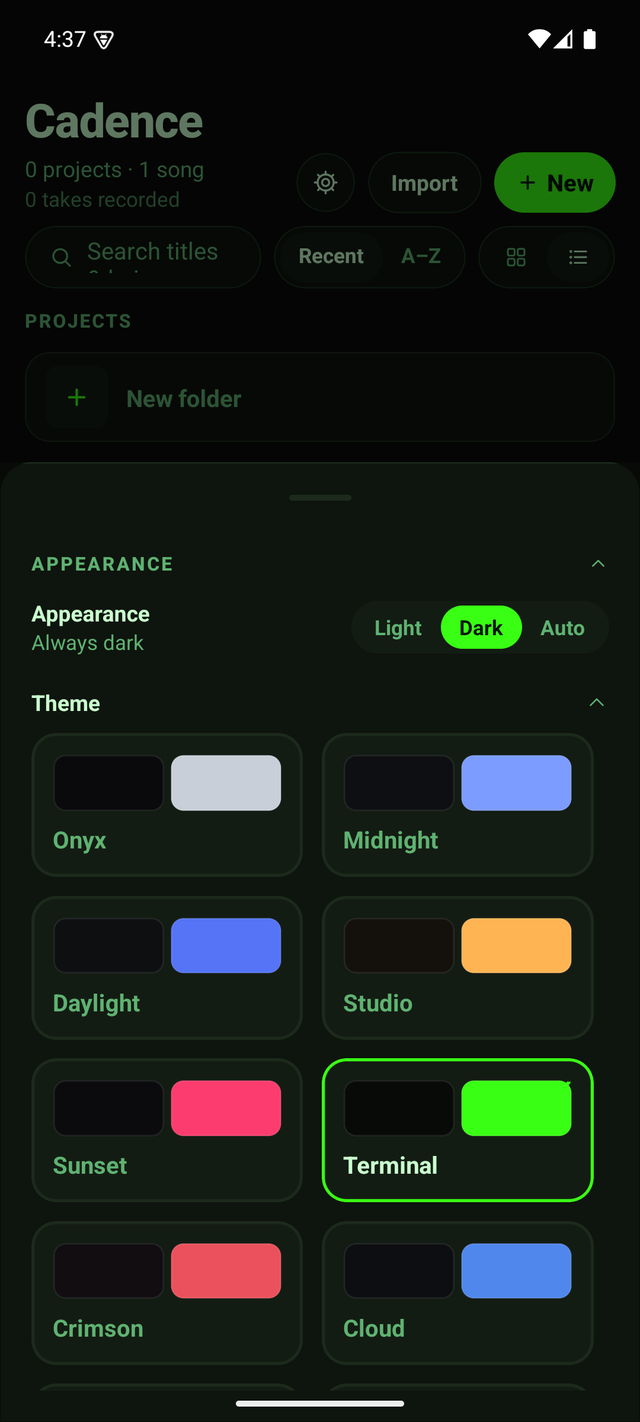 Cadence appearance settings showing multiple colour themes