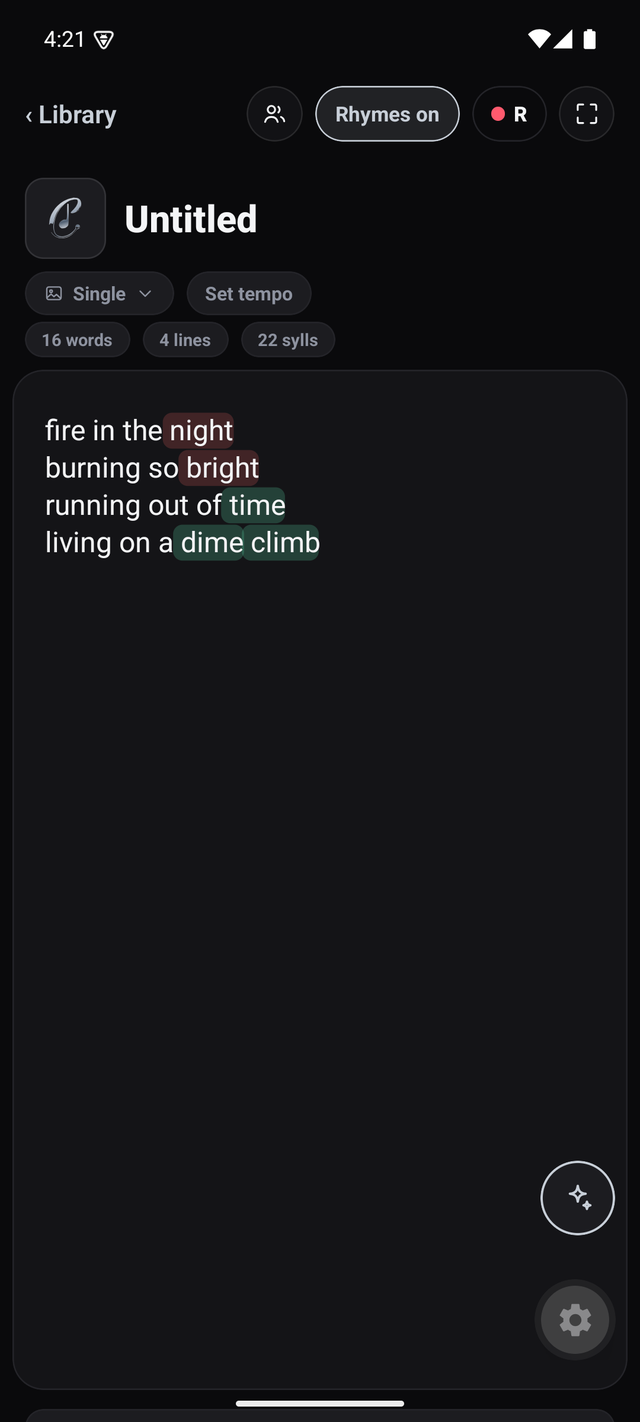 Cadence lyric editor showing live colour-grouped rhyme highlights