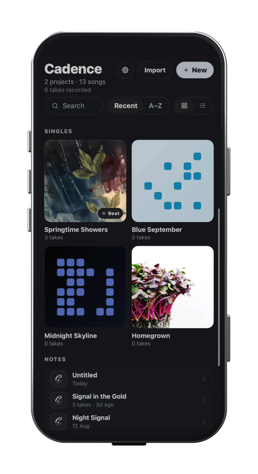 Cadence library showing songwriting projects and songs