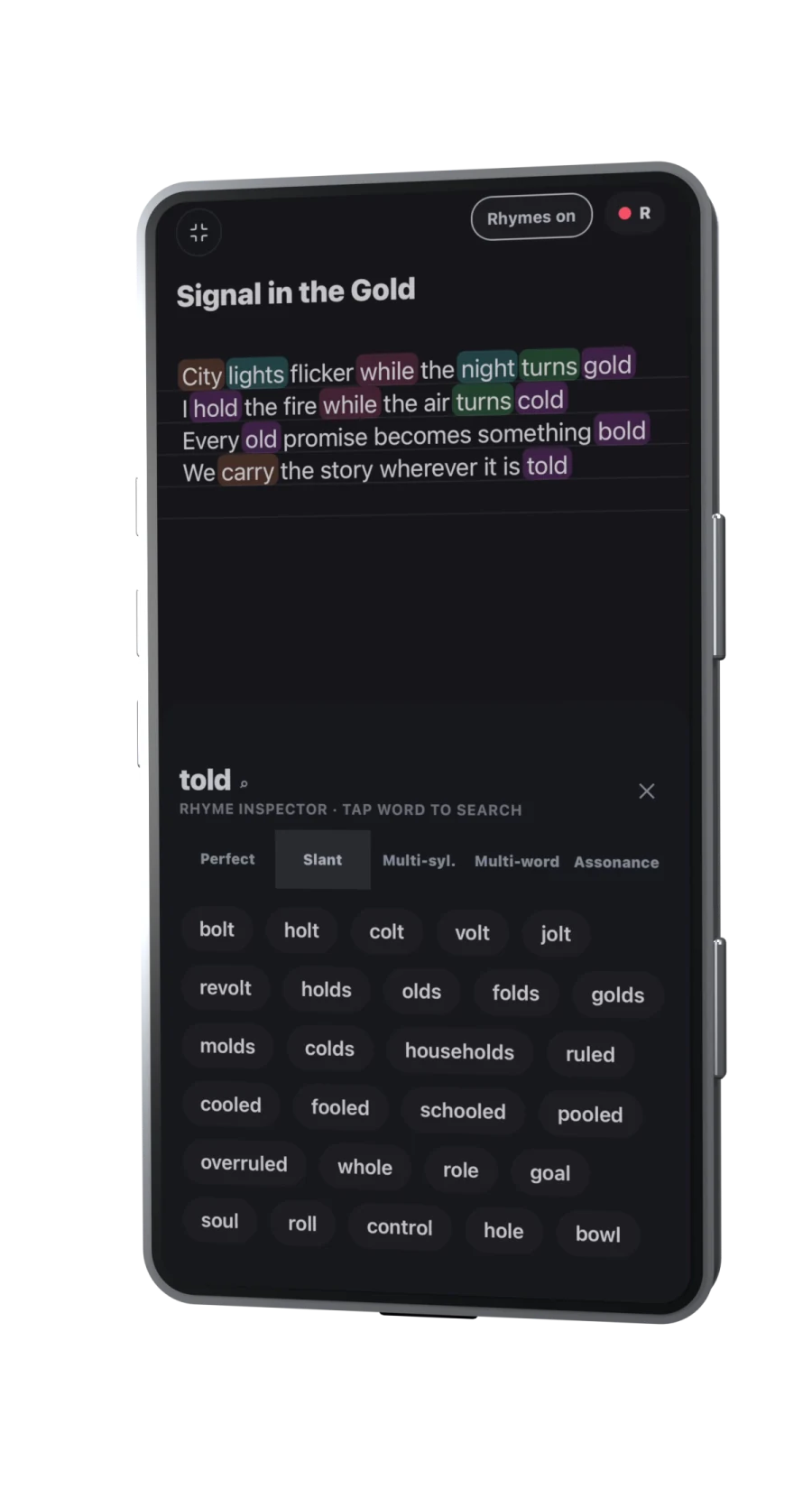 Cadence lyric editor with highlighted rhyme families and suggestions