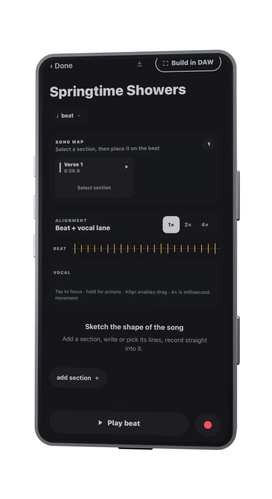 Cadence song map and beat alignment in the arrangement workspace