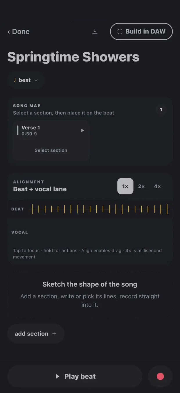 Cadence arrange the draft into sections screen