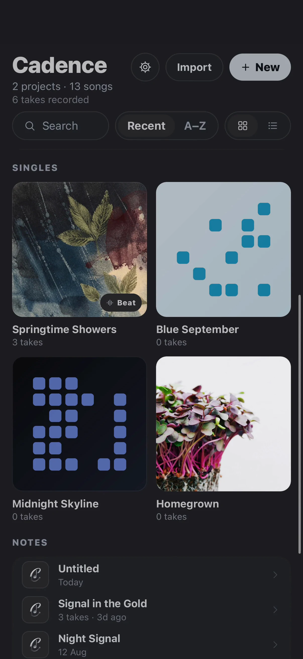 Cadence song library with projects and individual songs