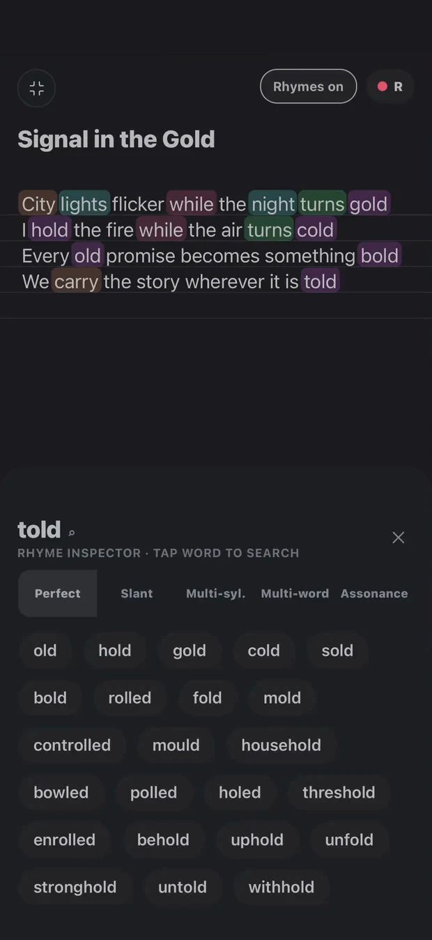 Real Cadence editor with rhyme highlighting and suggestions