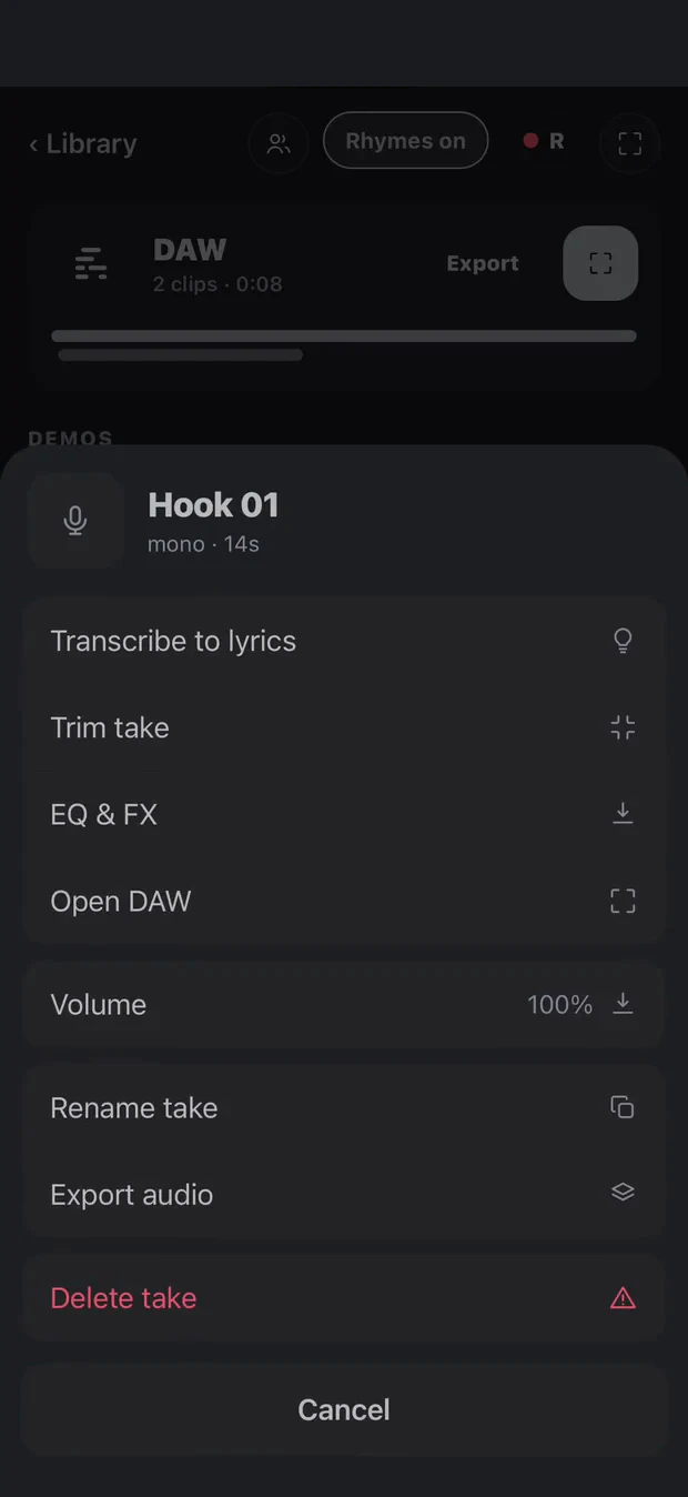 Cadence audio take and transcription controls