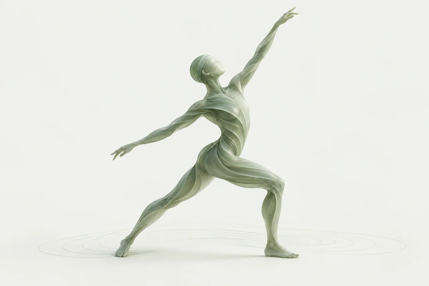 An original movement study: a sage-coloured human sculpture formed from flowing contour layers