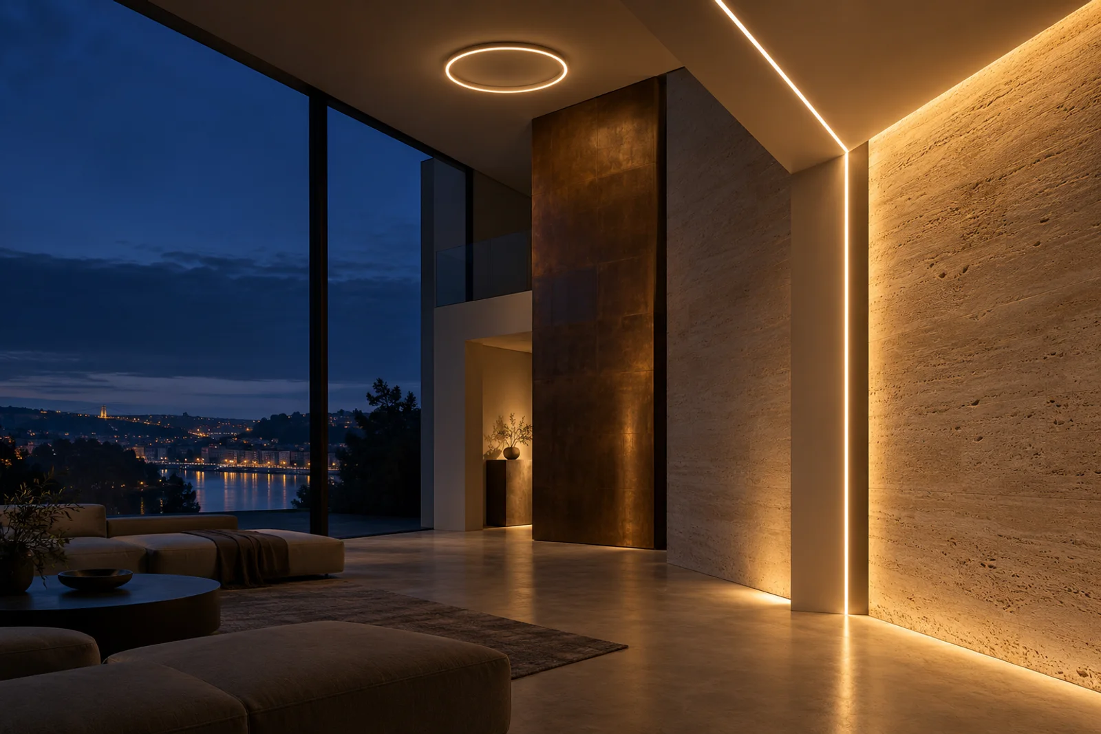 An original architectural lighting study: warm concealed light and precise linear illumination in a modern interior